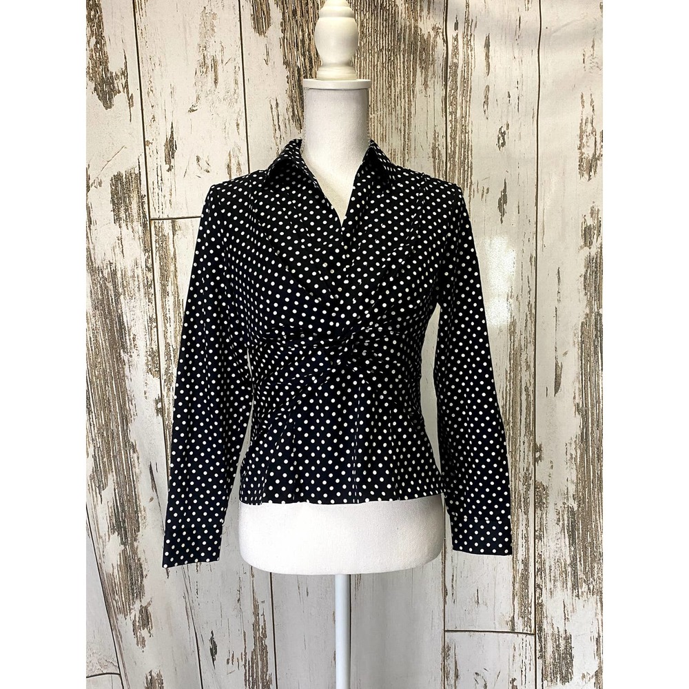 Jones New York Black And White V-Neck Polka Dot Cotton Blouse